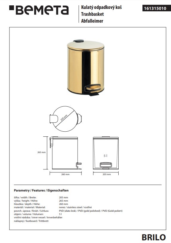 Відро для сміття 5 л Brilo 161315010 Bemeta - Зображення 156932458-dce4b.jpg