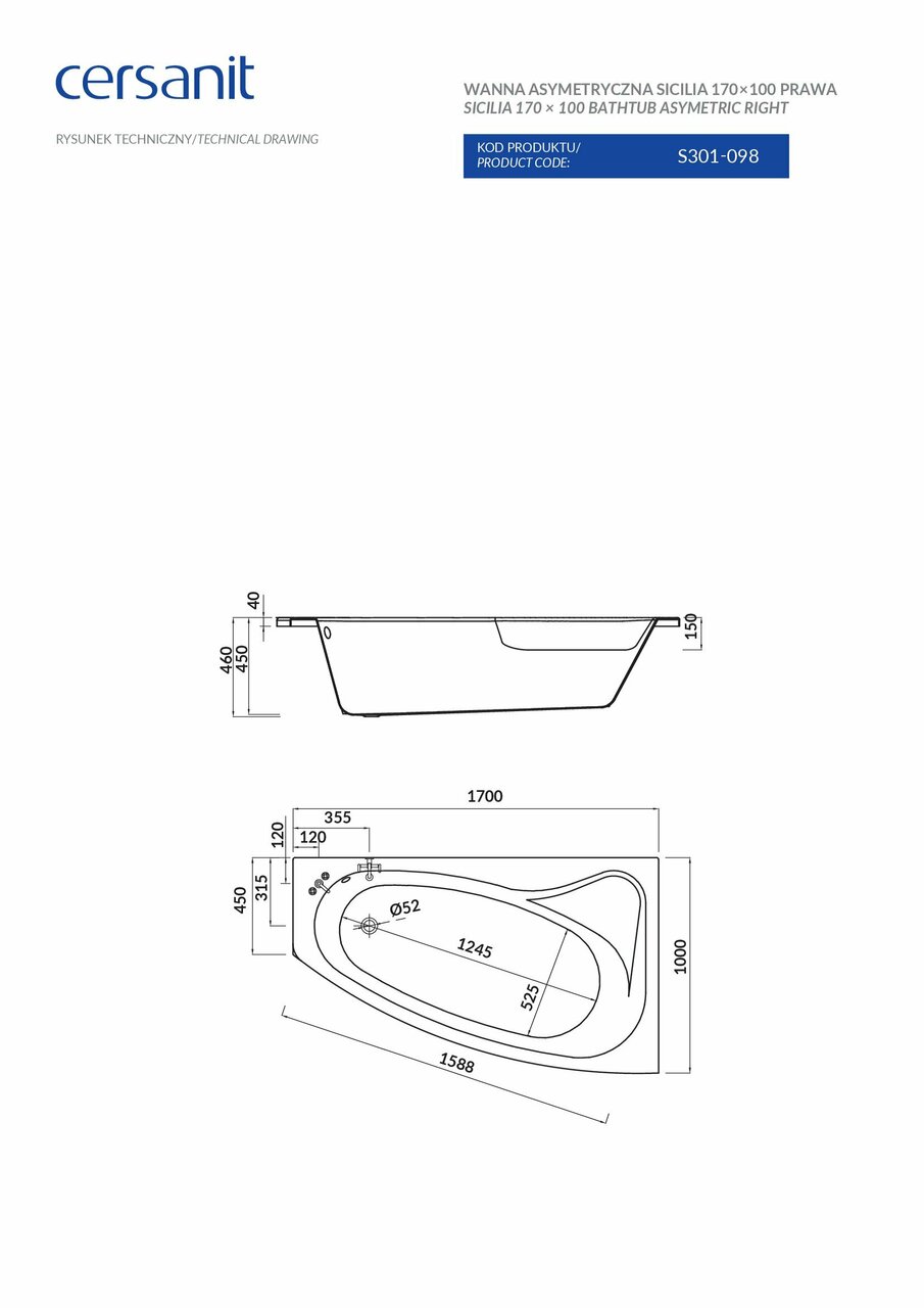 Ванна асиметрична права Sicilia 170x100, Cersanit - Зображення 169900-9c2e6.jpg