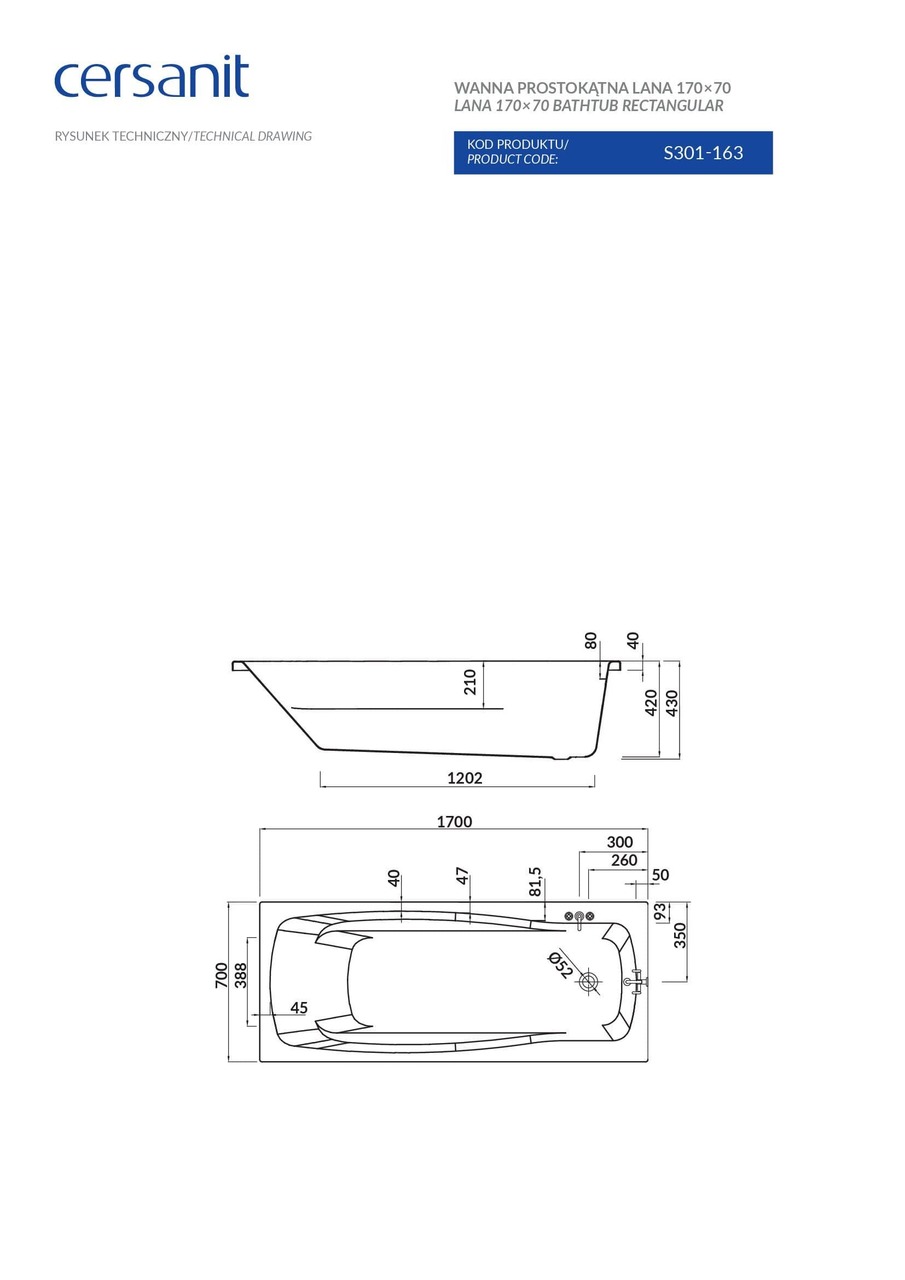 Ванна прямокутна Lana 170x70, Cersanit - Зображення 170103-e7744.jpg