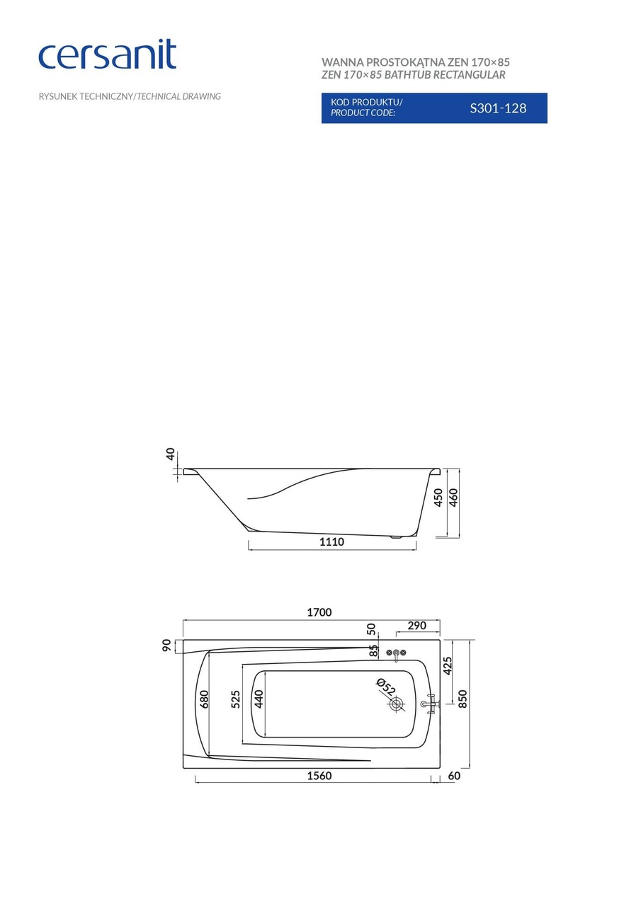 Ванна прямокутна Zen 170x85, Cersanit - Зображення 170652-120b1.jpg