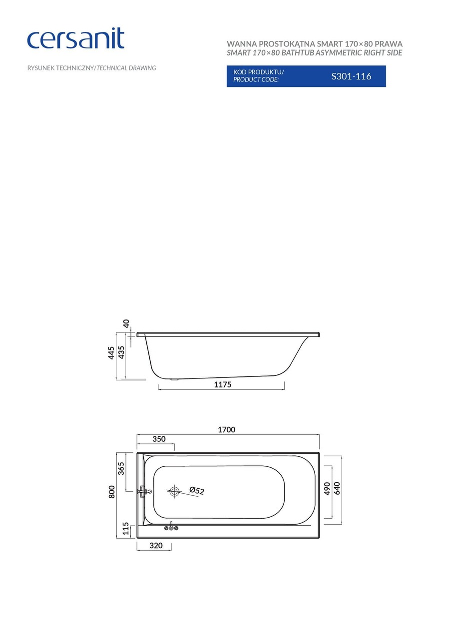 Ванна прямокутна права Smart 170x80, Cersanit - Зображення 171392-d67d5.jpg