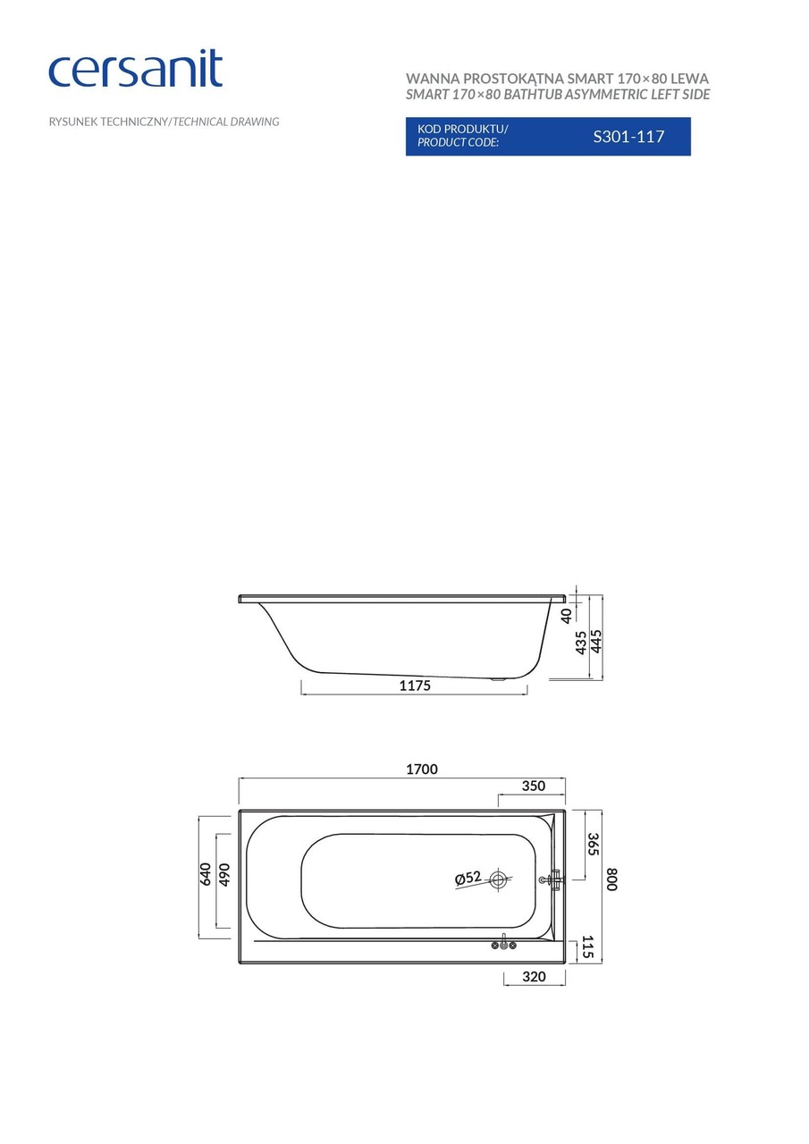Ванна прямокутна ліва Smart 170x80, Cersanit - Зображення 172724-21a3b.jpg