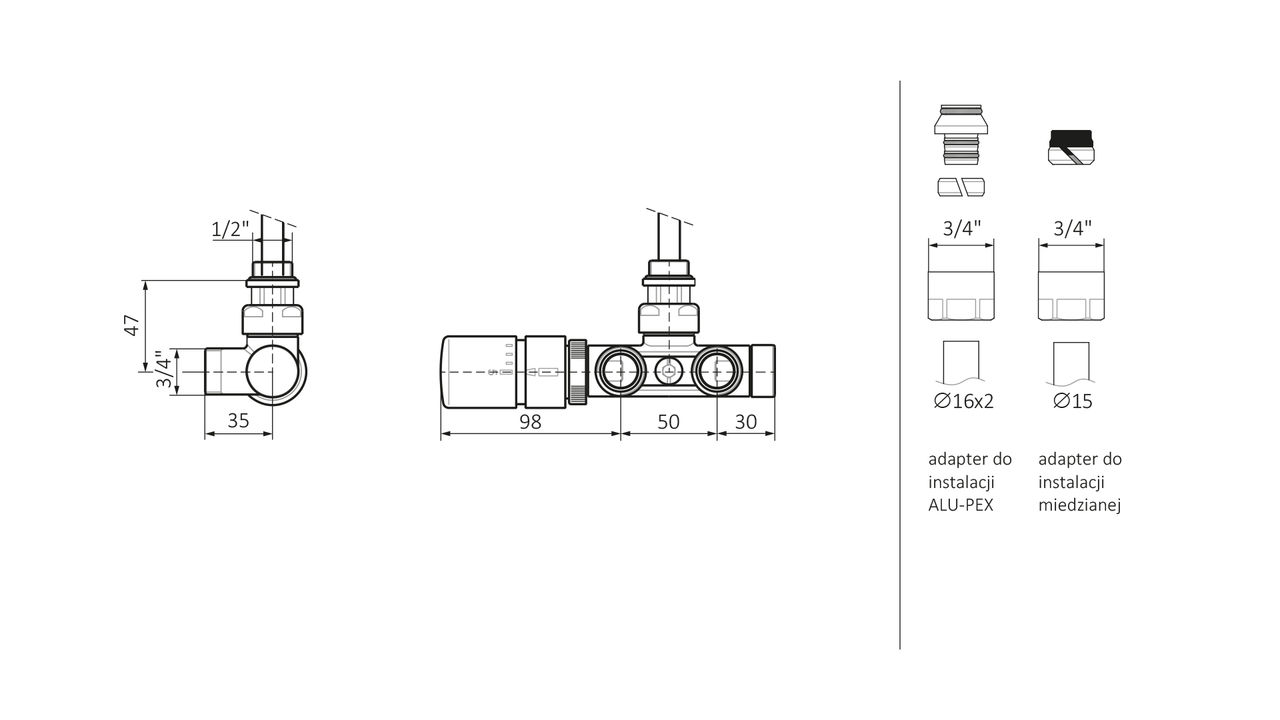 Набір вентилів термостатичний кутовий з трубкою занурення лівий хром Terma - Зображення 173938-ebe0d.jpg
