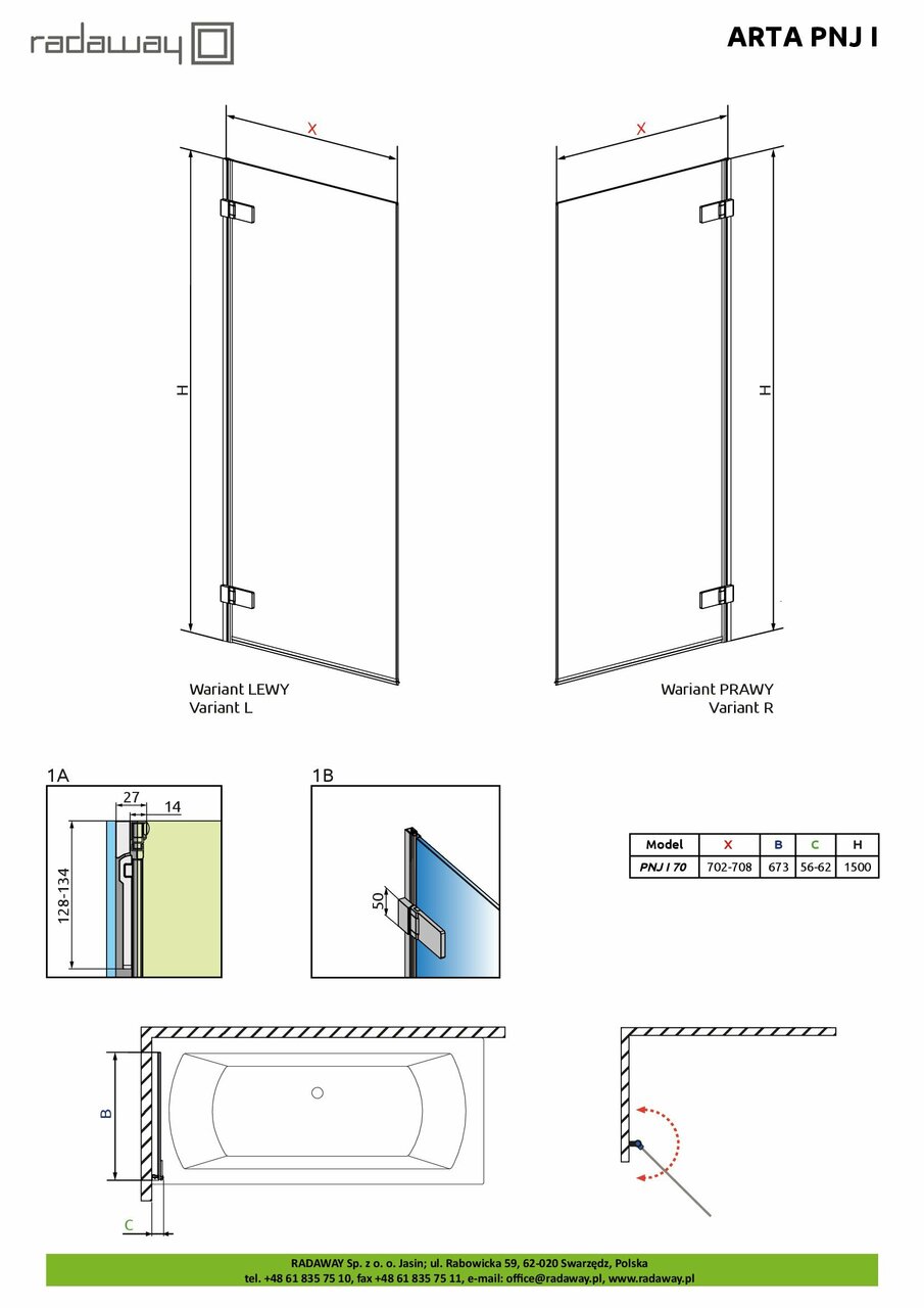 Шторка для ванни Arta PNJ I 70 R RADAWAY - Зображення 1749774-5a941.jpg