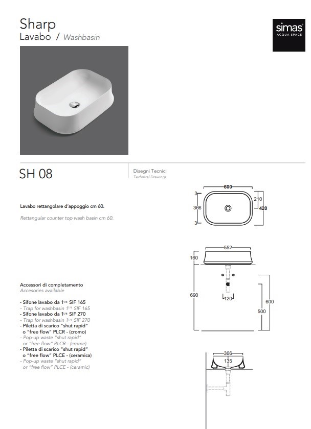 Умивальник Sharp SH 08 Cemento matt SIMAS - Зображення 177411-bd35e.jpg