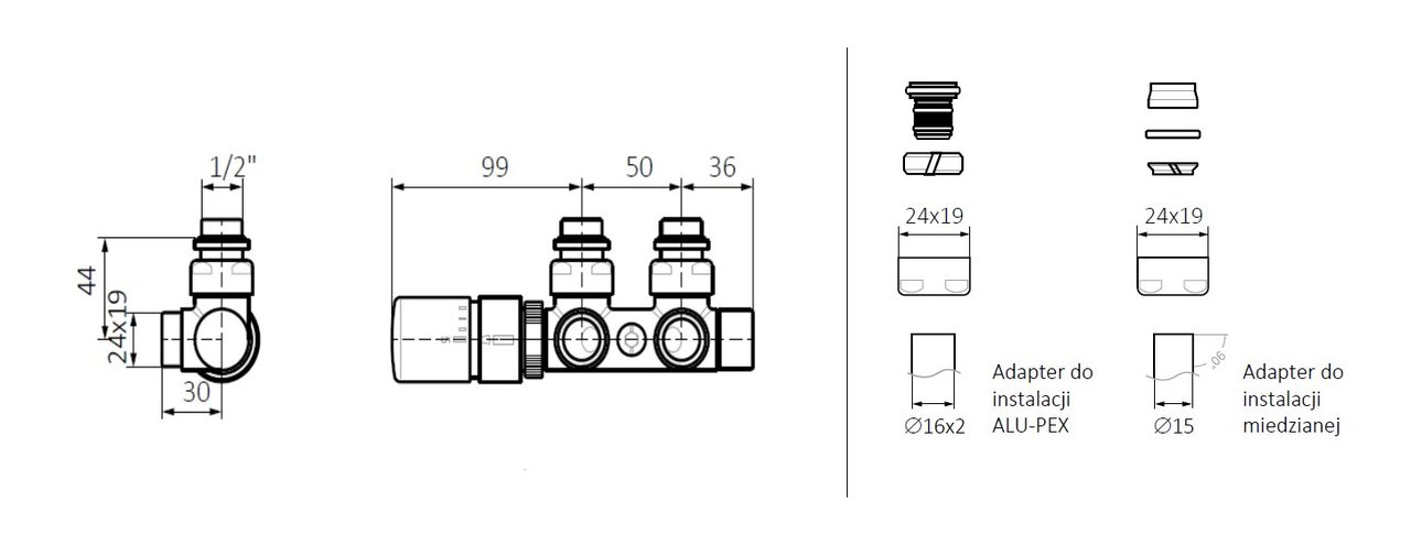 Набір вентилів інтегрований термостатичний кутовий лівий хром Terma - Зображення 180240-0f6e7.jpg