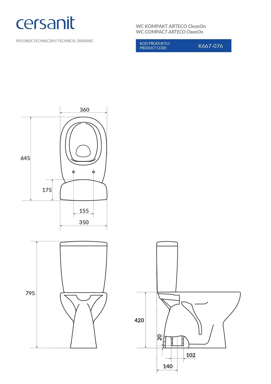 Компакт Arteco 685 Clean On 021 з кришкою дюропласт soft-close CCKZ1014685952 Cersanit - Зображення 1802864-4cae4.jpg