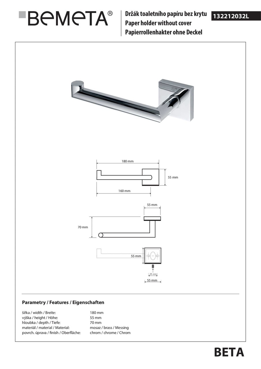 Тримач для туалетного паперу лівий Beta (132212032L), Bemeta - Зображення 182477-08ccb.jpg