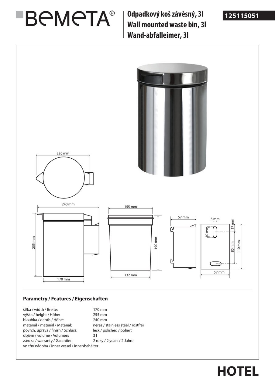 Відро для сміття підвісне 3 л Hotel (125115051), Bemeta - Зображення 182585-9b9d7.jpg