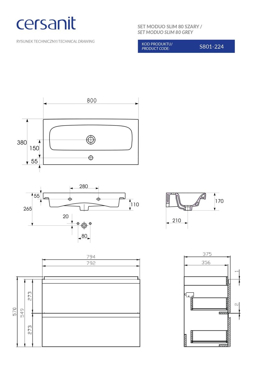 Сет B07 Moduo Slim 80 сірий Cersanit - Зображення 1837093-f9d19.jpg