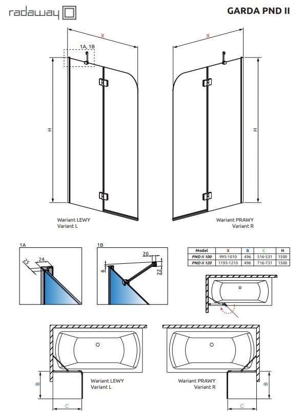 Шторка для ванни Garda Chrome PND II L 100x150 RADAWAY - Зображення 186801096-99c9c.jpg