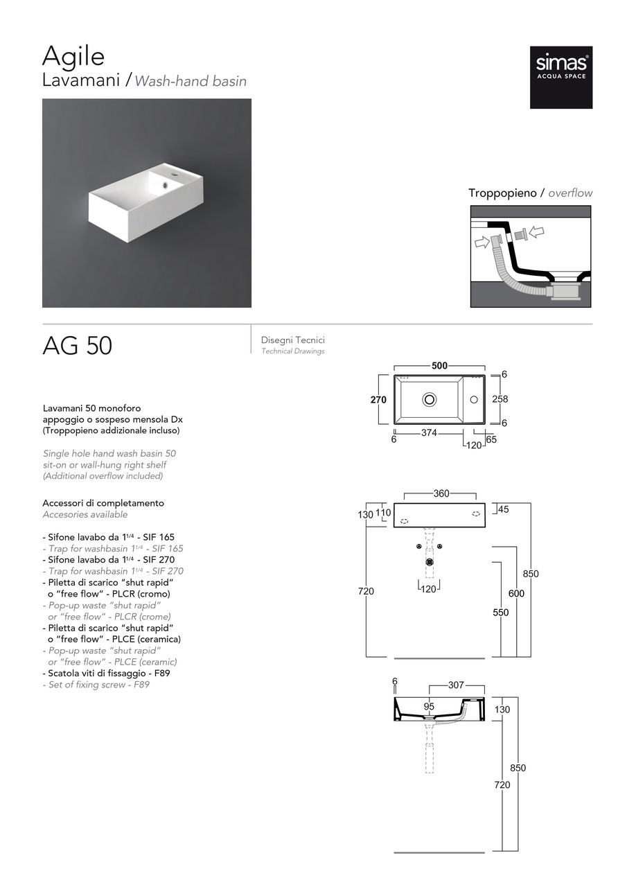 Умивальник AG 50 Agile (AG50) Glossy white SIMAS - Зображення 1872903-0204f.jpg