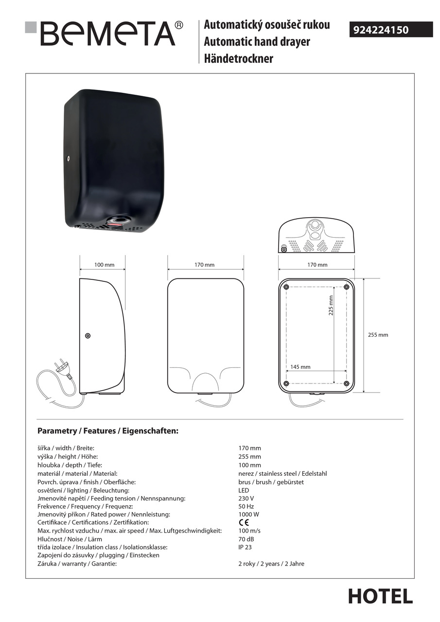 Сушилка для рук автоматическая 1000 W Hotel (924224150), Bemeta - Зображення 1873502-9b72f.jpg
