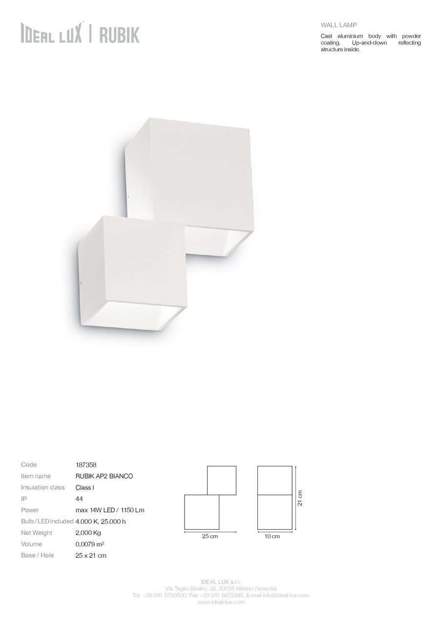 Світильник вуличний RUBIK AP2 BIANCO 4000K (187358), IDEAL LUX - Зображення 187358_SC.jpg
