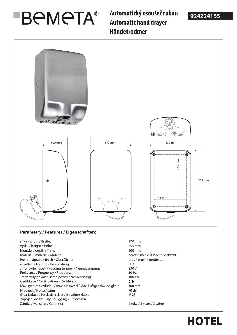 Сушка для рук автоматична 1000 W Hotel (924224155), Bemeta - Зображення 1893401-bf972.jpg
