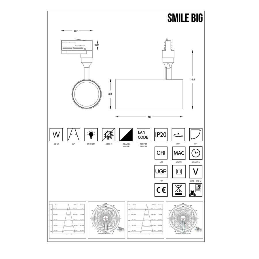 Трековий світильник SMILE 30W CRI80 24° 4000K WH (189734), IDEAL LUX - Зображення 189703_1.jpg