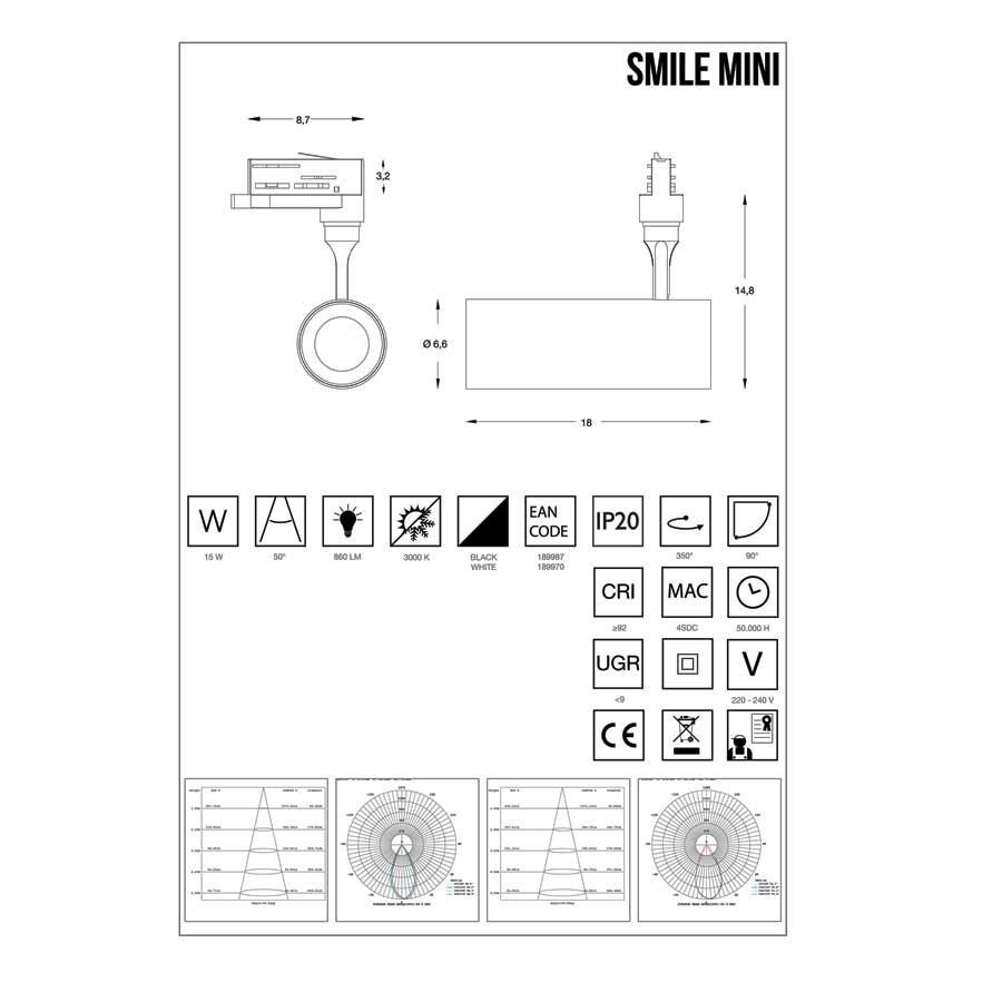 Трековий світильник SMILE 15W CRI90 50° 3000K WH (189970), IDEAL LUX - Зображення 189987_.jpg