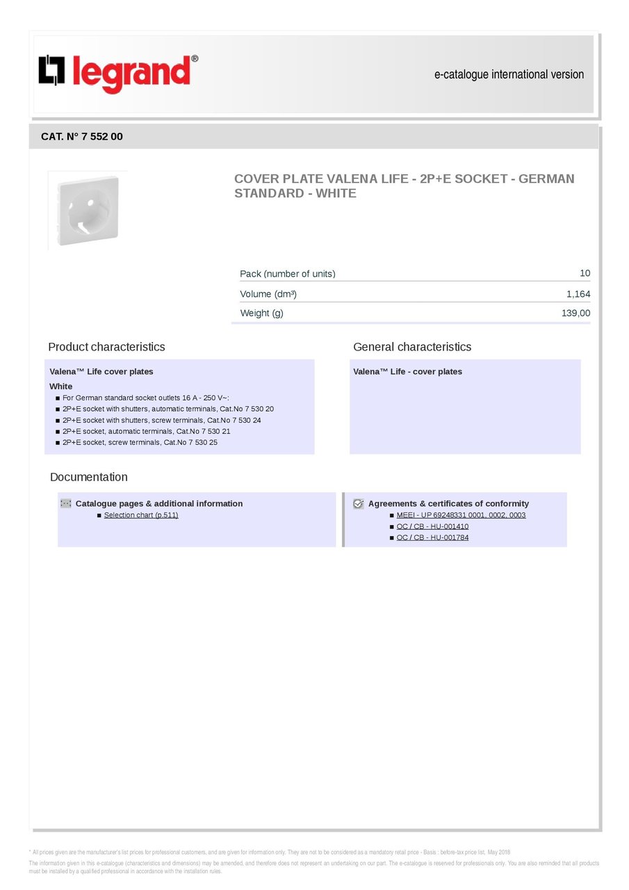 Накладка розетки 2P+E Valena Life White 755200 Legrand - Зображення 1900578-6caa6.jpg