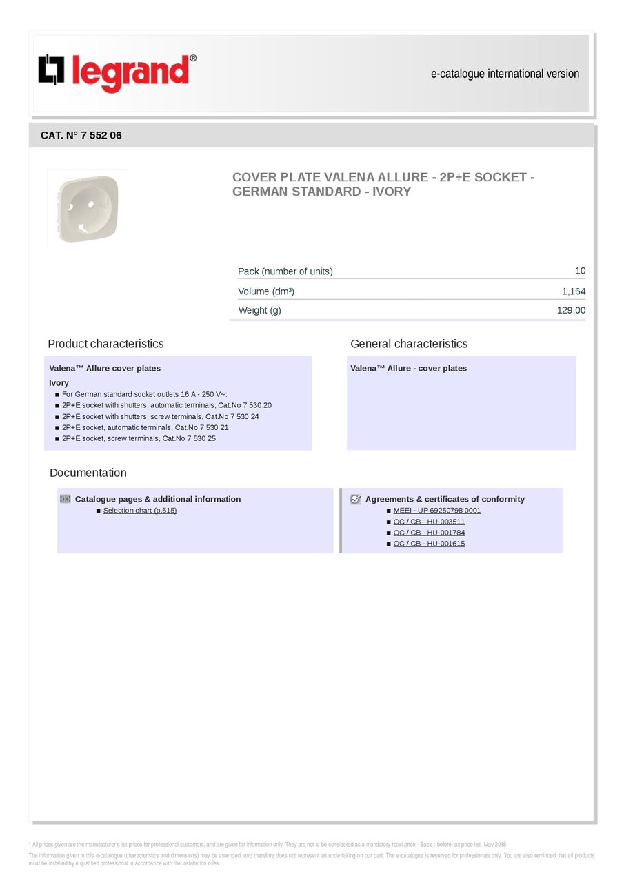 Накладка розетки 2P+E Valena Allure Ivory 755206 Legrand - Зображення 1900584-1f768.jpg