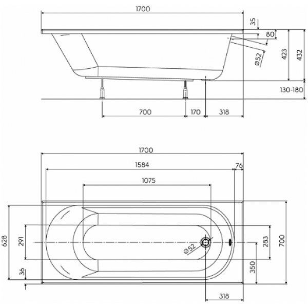 Ванна прямокутна з ніжками Opal Plus 170x70 Kolo - Зображення 1931044-e645d.jpg