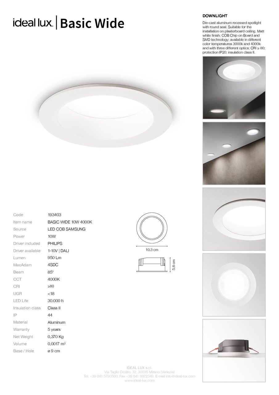 Точковий світильник BASIC WIDE 10W 4000K (193403), IDEAL LUX - Зображення 193403_SC.jpg