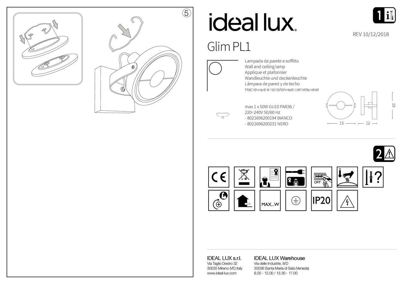 Спот GLIM PL1 BIANCO (200194), IDEAL LUX - Зображення 200194_IST.jpg