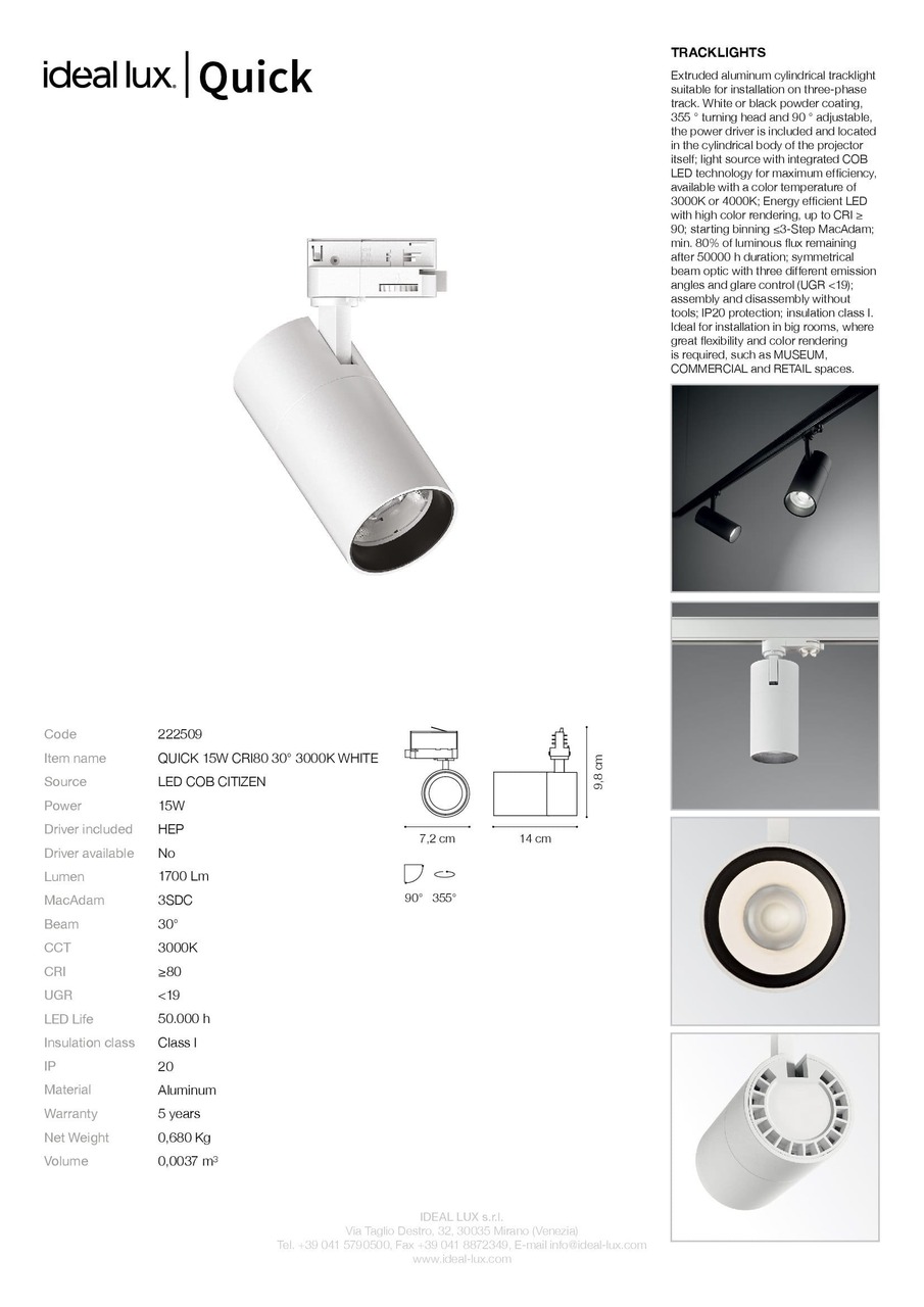 Трековий світильник QUICK 15W CRI80 30° 4000K WH ON-OFF (222530), IDEAL LUX - Зображення 222509_SC.jpg