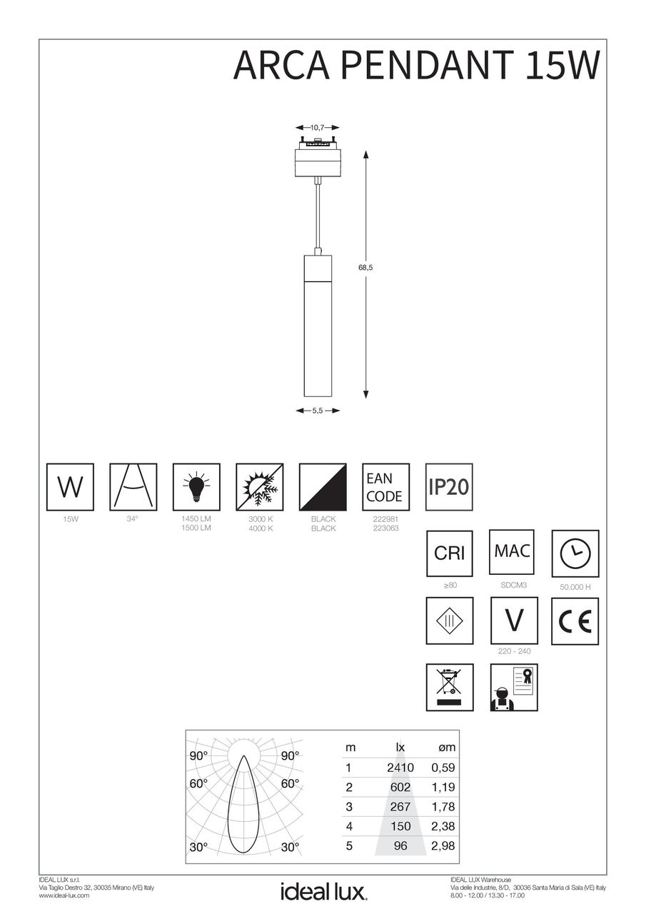Трековий світильник ARCA PENDANT 15W 34° 3000K (222981), IDEAL LUX - Зображення 223063_IST.jpg