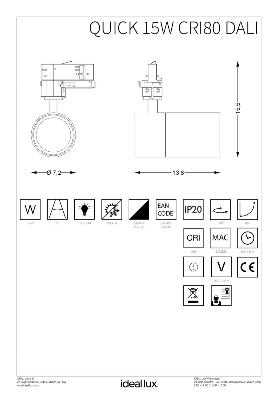 Трековий світильник QUICK 15W CRI80 30° 3000K WH DALI (249681), IDEAL LUX - Зображення 246437_IS.jpg