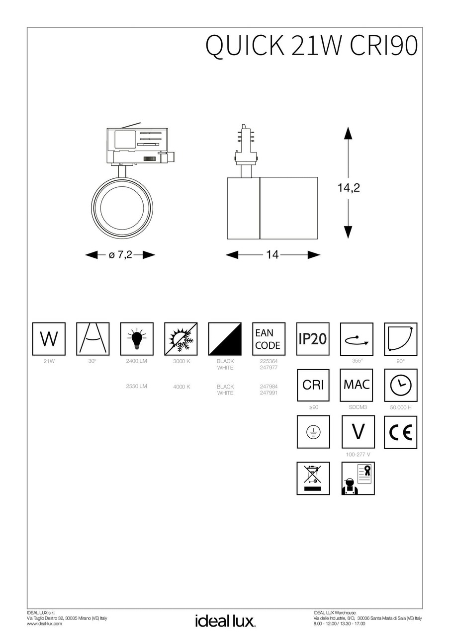 Трековий світильник QUICK 21W CRI90 30° 3000K BK ON-OFF (225364), IDEAL LUX - Зображення 247991_IST.jpg