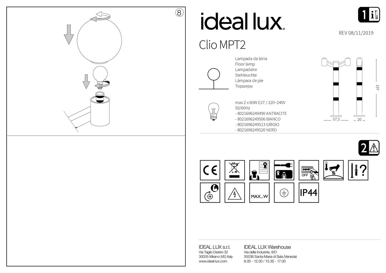 Світильник вуличний CLIO MPT2 GRIGIO (249513), IDEAL LUX - Зображення 249506_IS.jpg