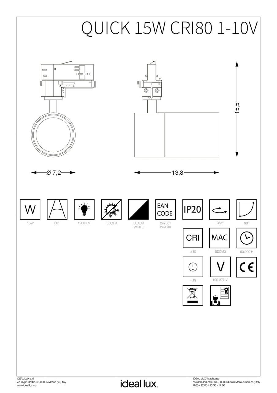 Трековий світильник QUICK 15W CRI80 30° 3000K BK 1-10V (247861), IDEAL LUX - Зображення 249643_IST.jpg
