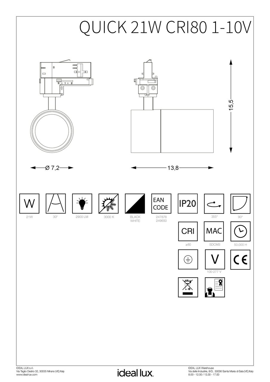Трековий світильник QUICK 21W CRI80 30° 3000K WH 1-10V (249650), IDEAL LUX - Зображення 249650_IST.jpg