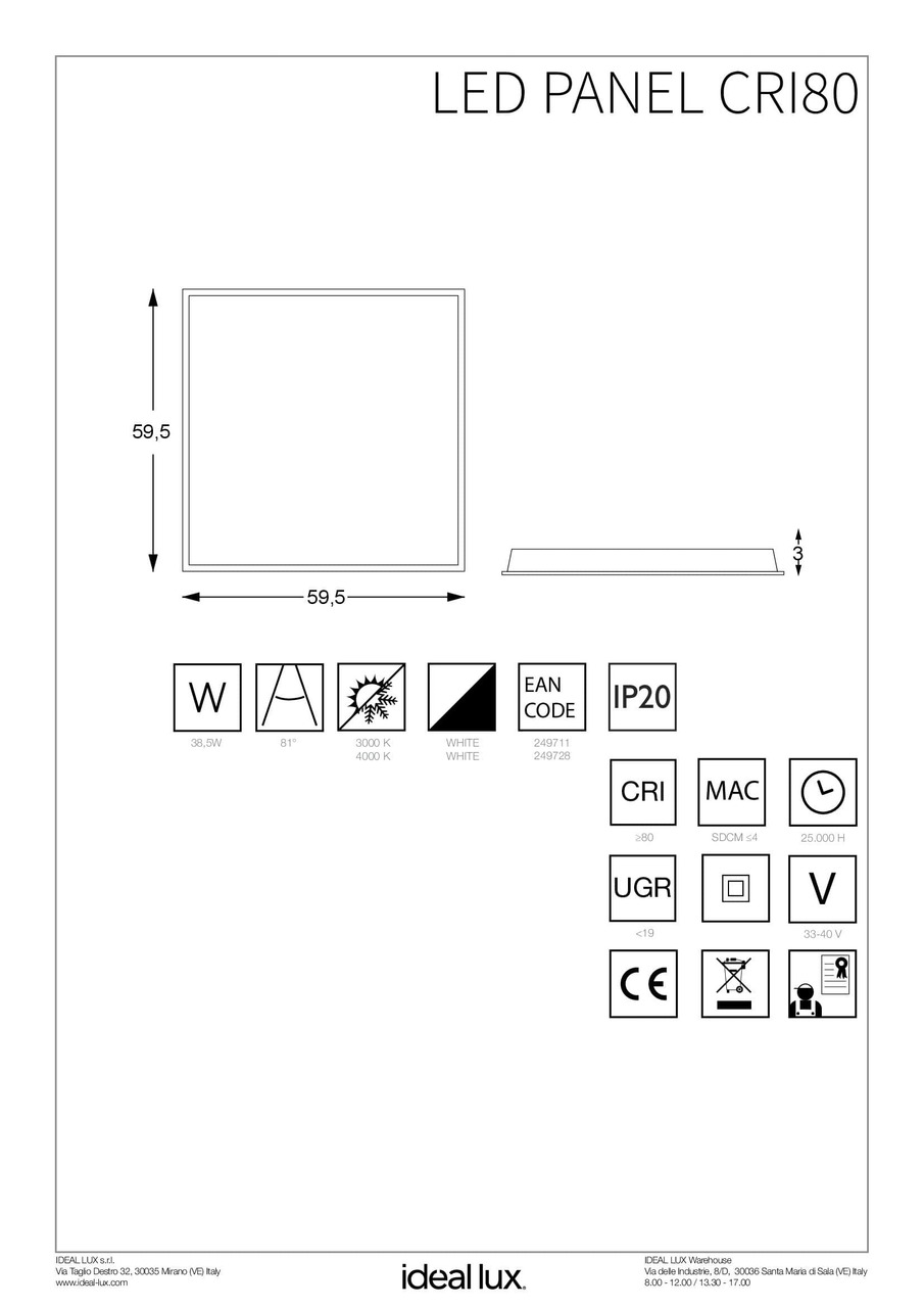 Точковий світильник LED PANEL 3000K CRI80 (249711), IDEAL LUX - Зображення 249711_IST.jpg
