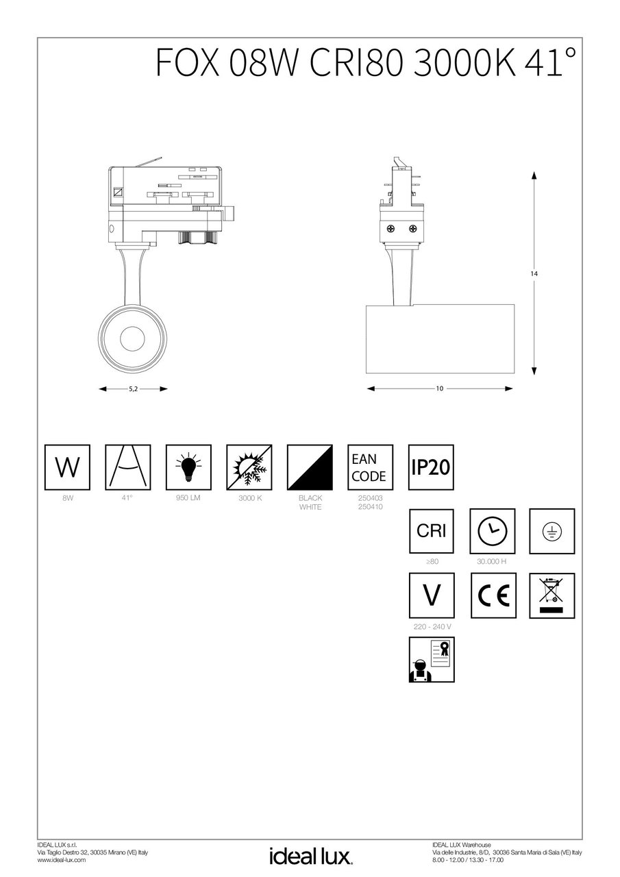Трековий світильник FOX 08W CRI80 41° 3000K WH (250410), IDEAL LUX - Зображення 250410_IST_.jpg