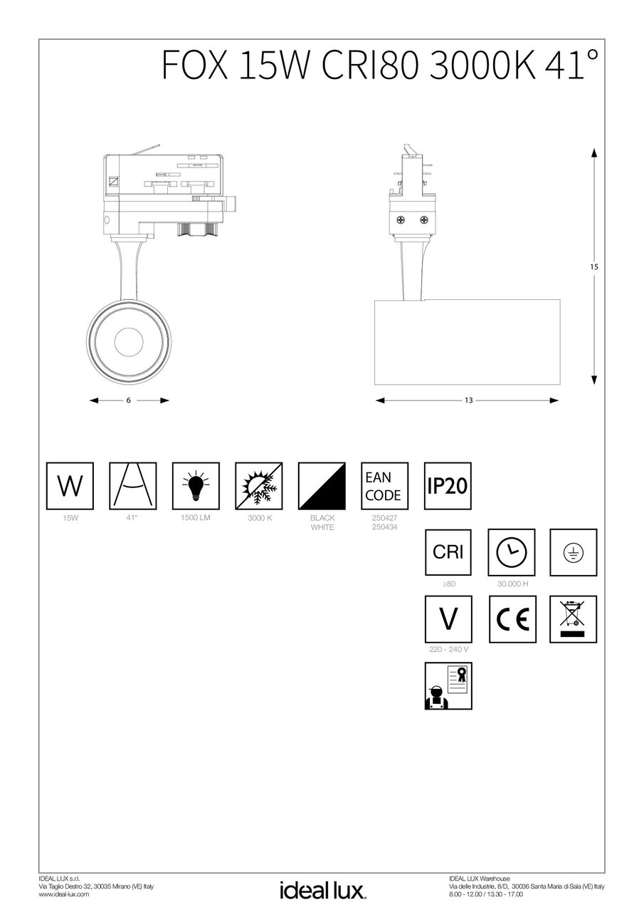 Трековий світильник FOX 15W CRI80 41° 3000K WH (250434), IDEAL LUX - Зображення 250434_IS_.jpg
