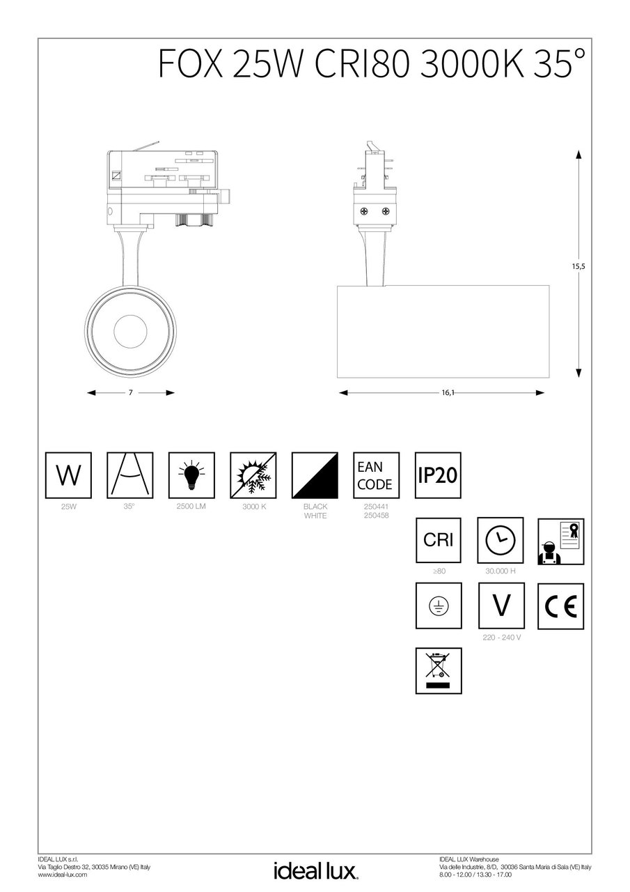 Трековый светильник FOX 25W CRI80 35° 3000K WH (250458), IDEAL LUX - Зображення 250458_IS.jpg