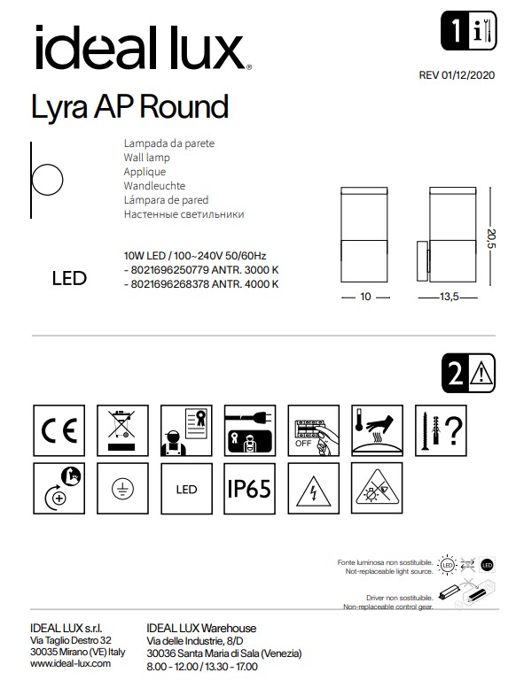 Світильник вуличний LYRA AP ROUND 3000K (250779), IDEAL LUX - Зображення 250779-.jpg