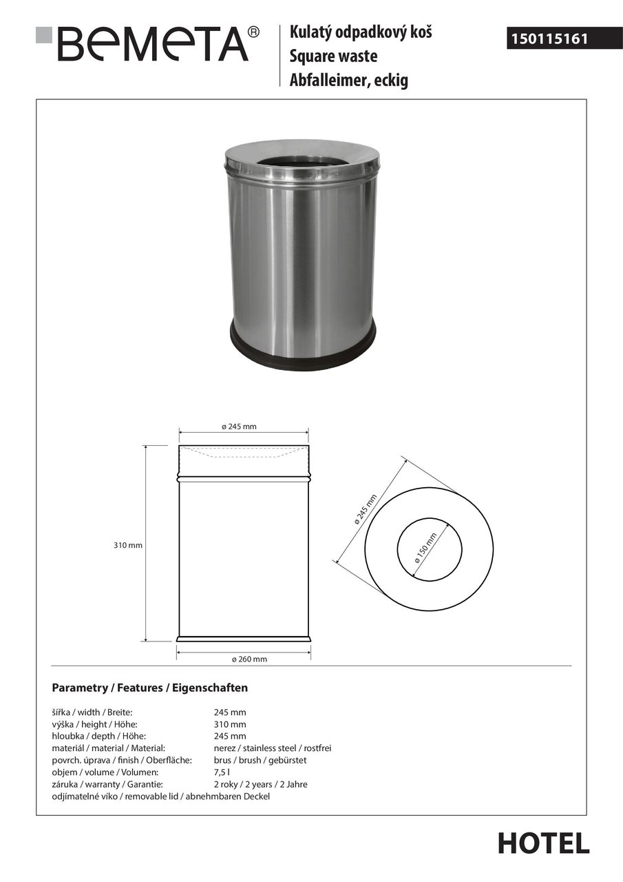 Відро для сміття 7,5 л Hotel (150115161), Bemeta - Зображення 251799-9d8f6.jpg