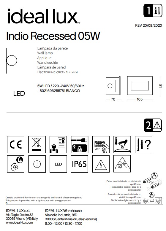 Світильник вуличний INDIO RECESSED 05W (255781), IDEAL LUX - Зображення 255781--.jpg
