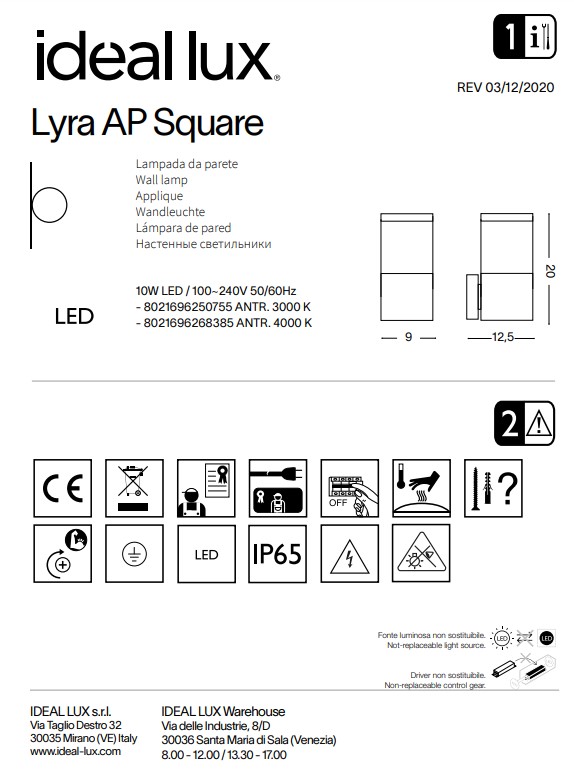 Світильник вуличний LYRA AP SQUARE 4000K (268385), IDEAL LUX - Зображення 268385-.jpg