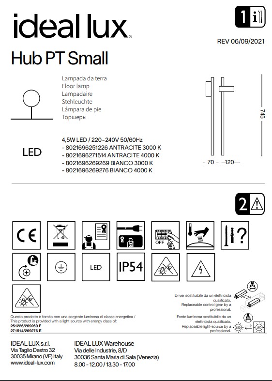 Світильник вуличний HUB PT SMALL BIANCO 4000K (269276), IDEAL LUX - Зображення 269276--.jpg