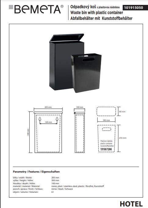 Відро для сміття підвісне 6 л Hotel 101915050 Bemeta - Зображення 30017807-e9ea3.jpg