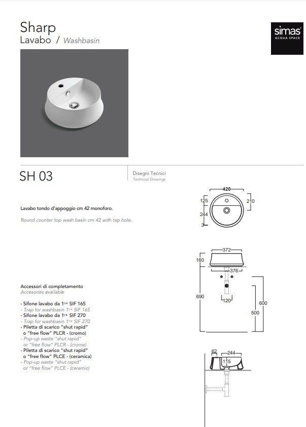 Умывальник Sharp SH 03 Mirto matt SIMAS - Зображення 309379-6a75c.jpg
