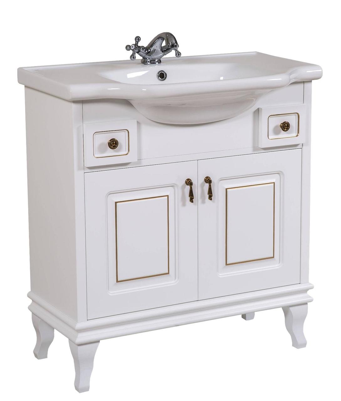 Шафка з умивальником Беатріче New Klasik Біла Патина Золото 80, Аква Родос - Зображення