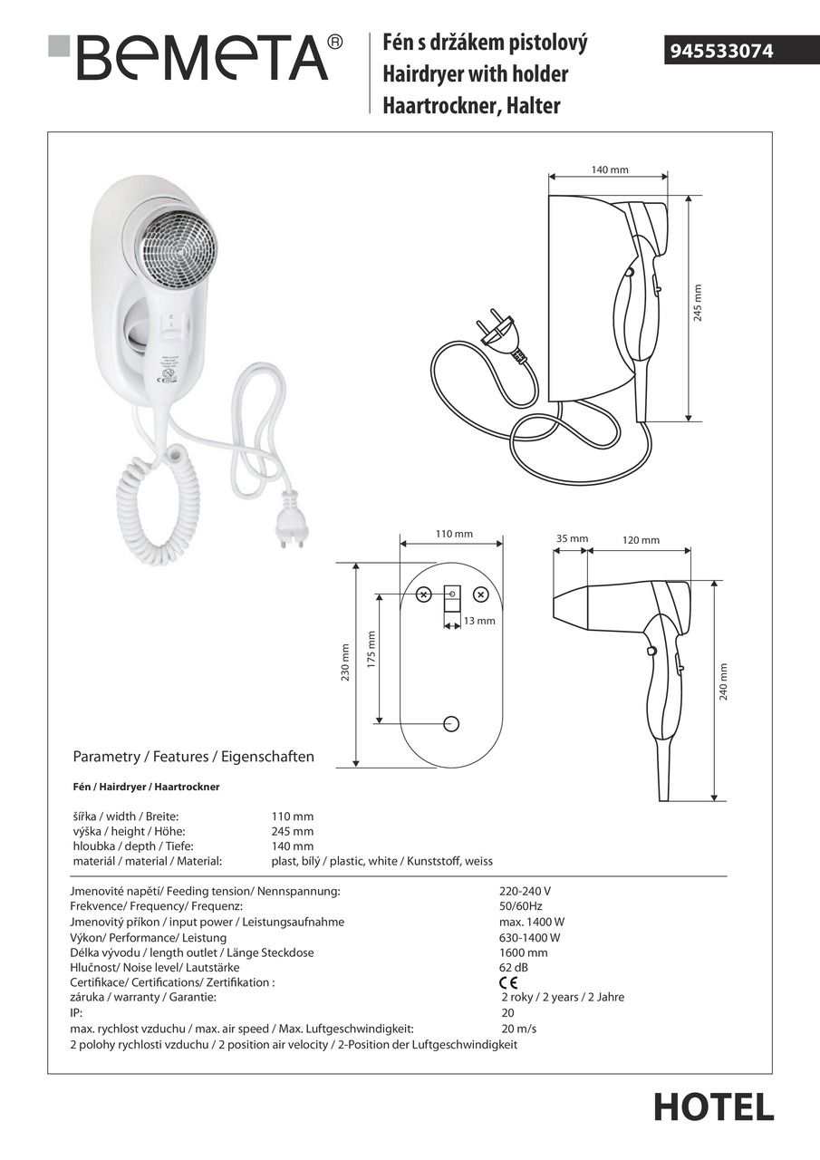 Фен з тримачем 1400 W Hotel (945533074), Bemeta - Зображення 325804-7b3dc.jpg