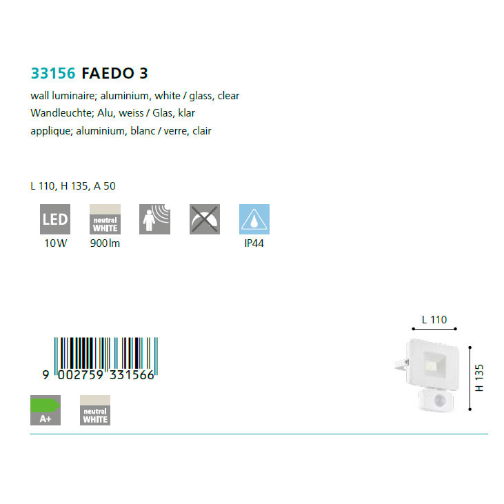 Світильник вуличний FAEDO 3 LED SENSOR 10W (33156), EGLO - Зображення 33156--.jpg