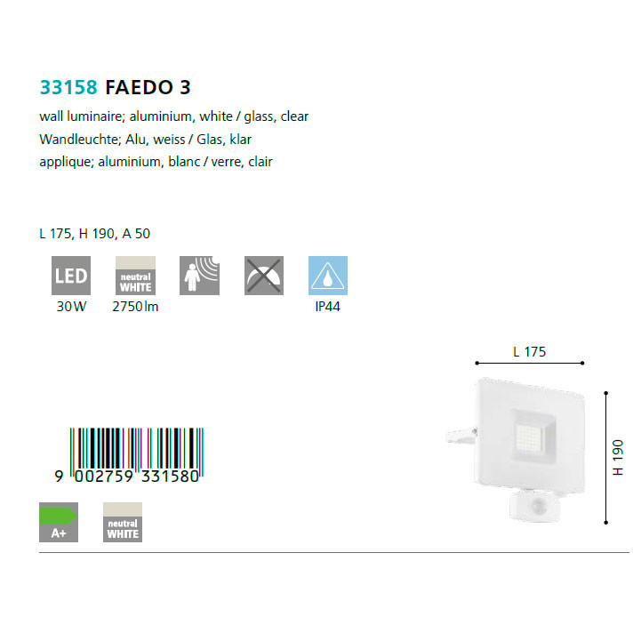 Світильник вуличний FAEDO 3 LED SENSOR 30W  (33158), EGLO - Зображення 33158--.jpg