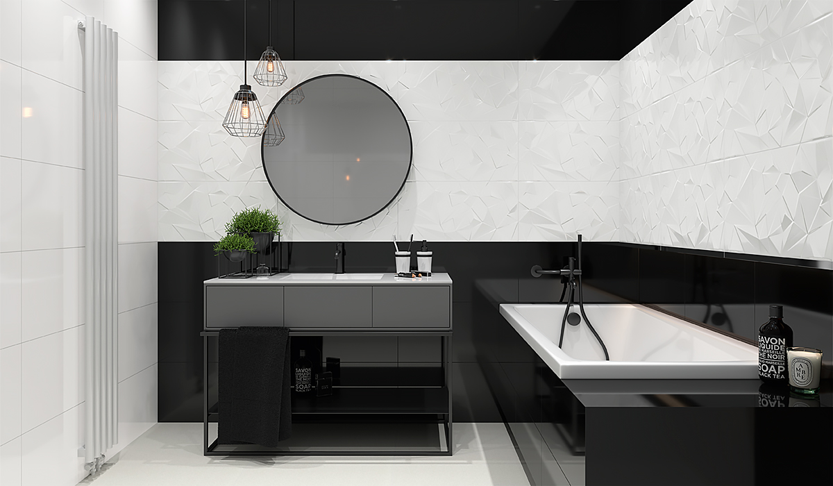 Плитка стінова Synergy Nero 300x600x9 Paradyz - Зображення 3736f-synergy_bianco_struktura_b_bianco_nero_30x60_hall_ivory_60x60_lazienka_styl_nowoczesny.jpg