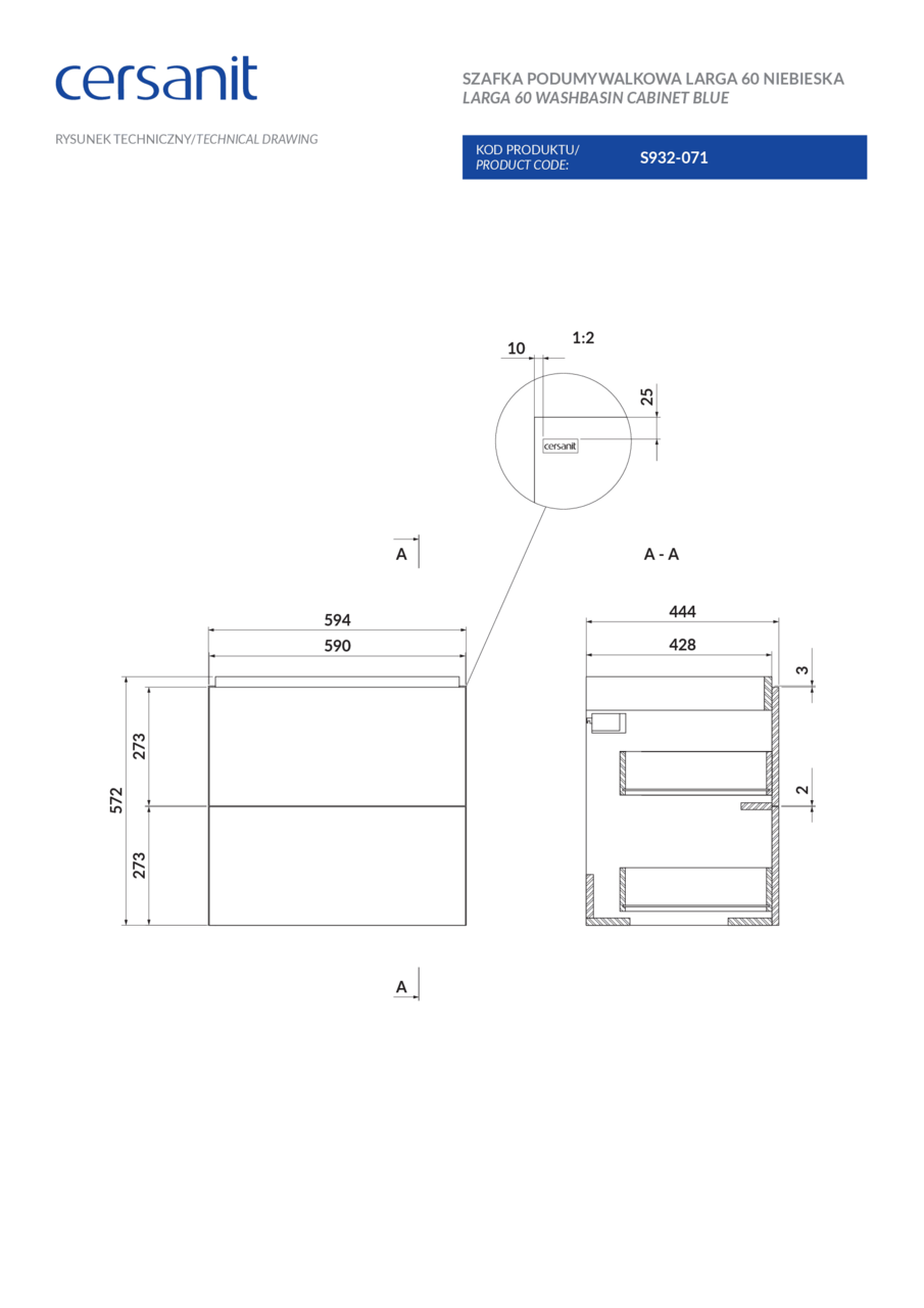 Шафка під умивальник Larga 60 Blue Cersanit - Зображення 37917514-a7055.png